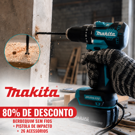 KIT MAKITA: BERBEQUIM SEM FIOS + PISTOLA DE IMPACTO + 26 ACESSÓRIOS + 2 BATERIAS